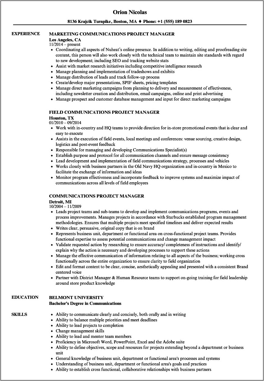 Resume Objective For Project Manager Position