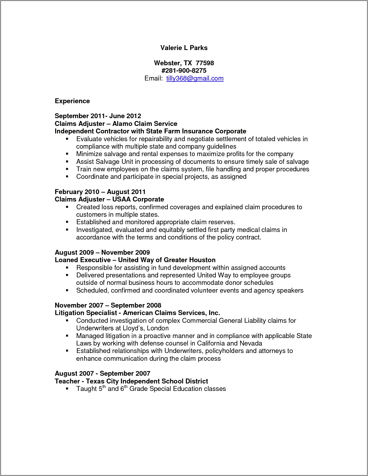 Resume Objective For Property Claims Adjuster