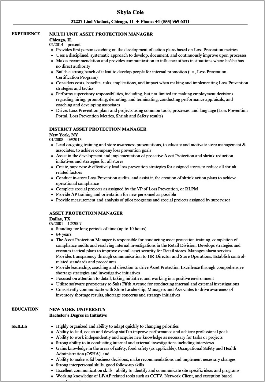 Resume Objective For Regional Loss Prevention Manager
