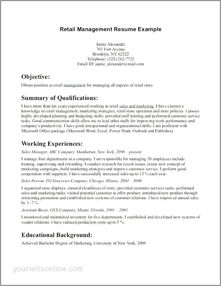 Resume Objective For Retail Management Position