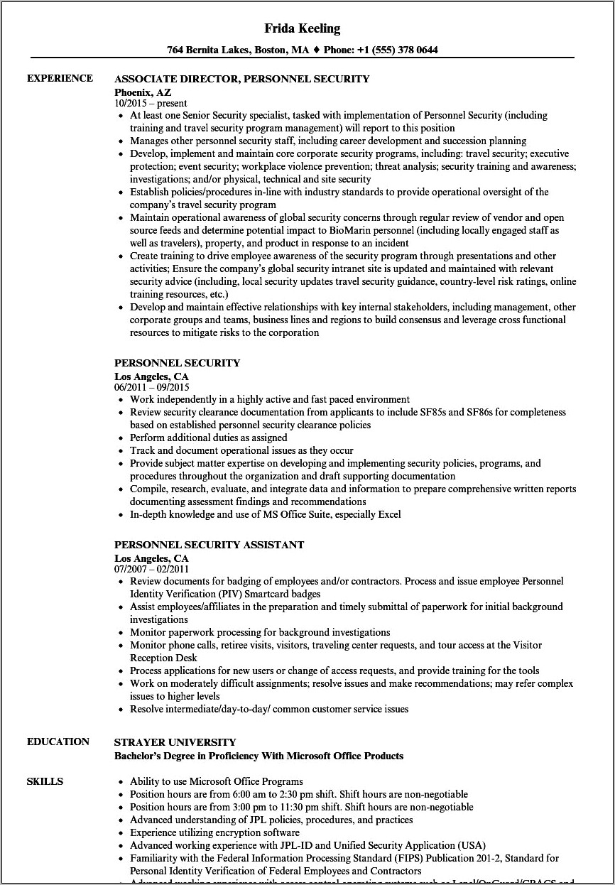 Resume Objective For Security Classification Specialist