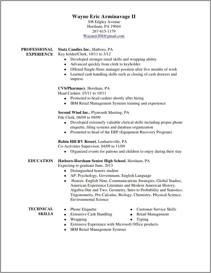 Resume Objective For Senior High School Student