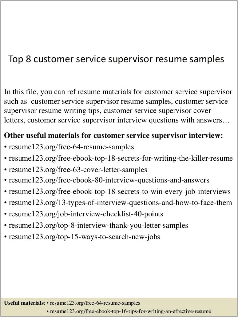 Resume Objective For Service Supervisor
