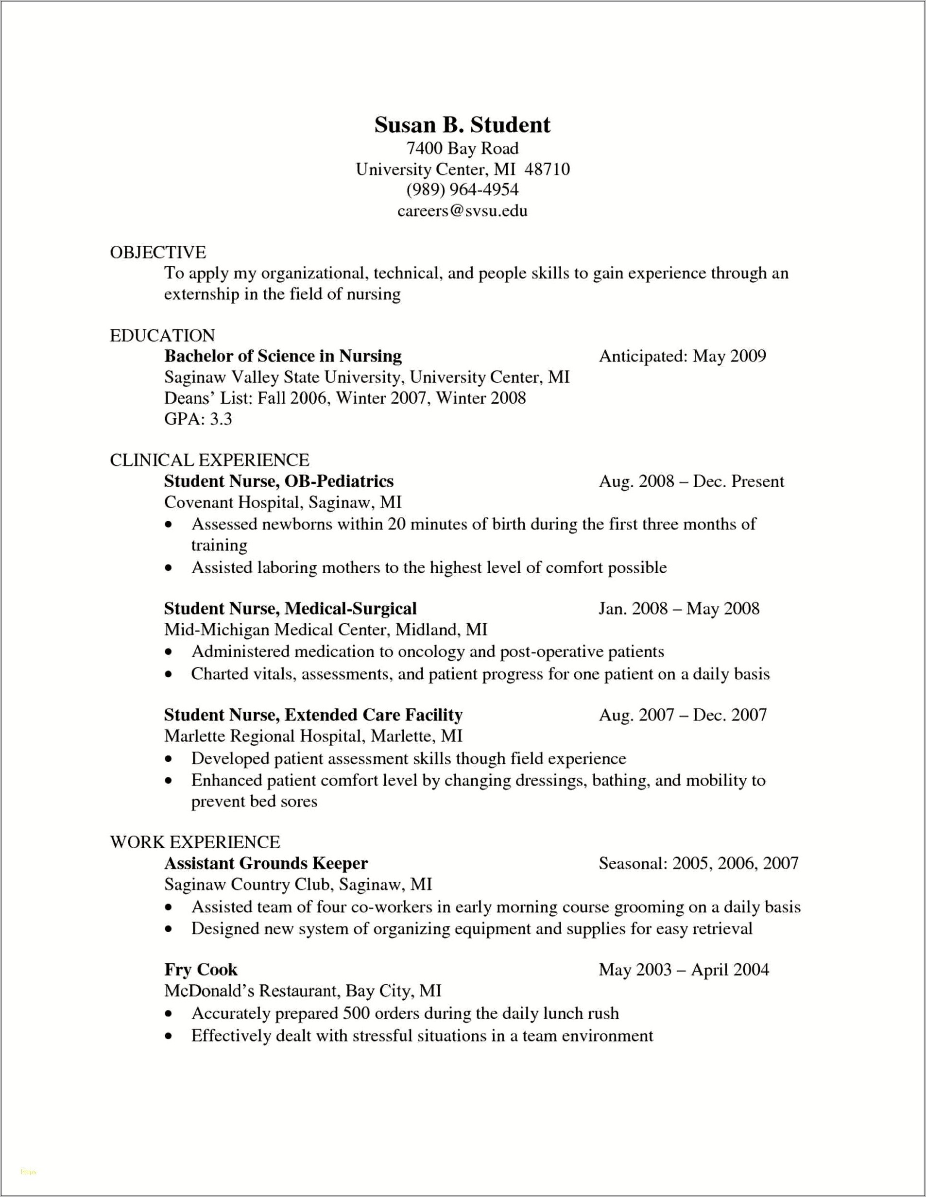 Resume Objective For Student Nurse