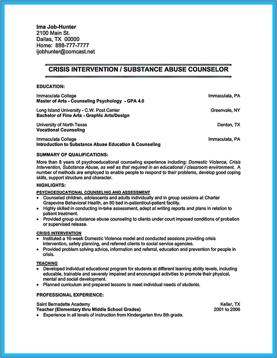 Resume Objective For Substance Abuse Counselor