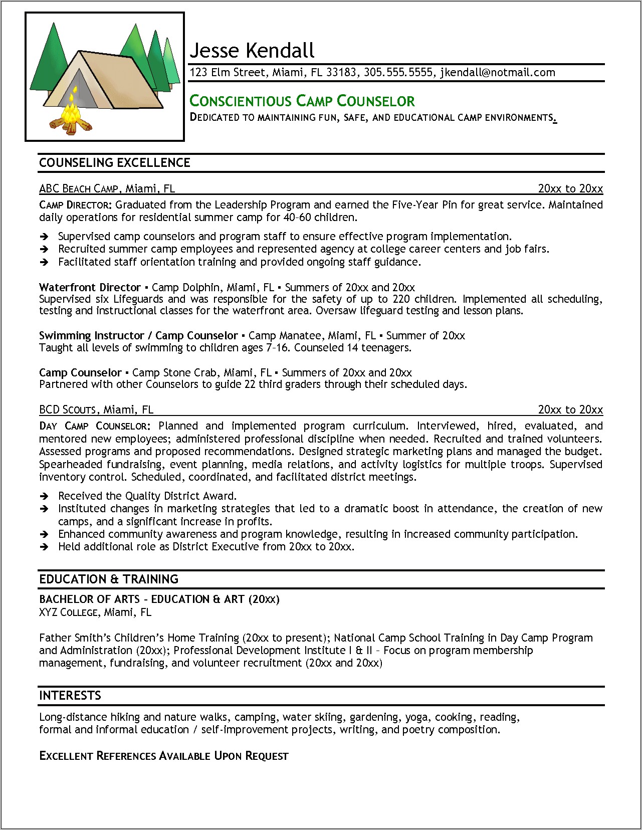 Resume Objective For Summer Camp Counselor