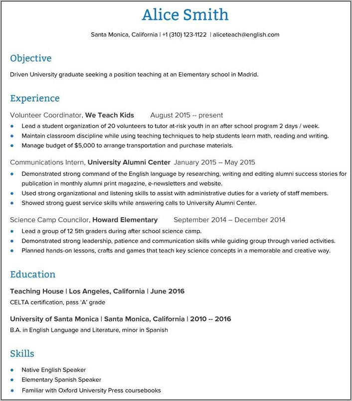 Resume Objective For Teaching English Abroad