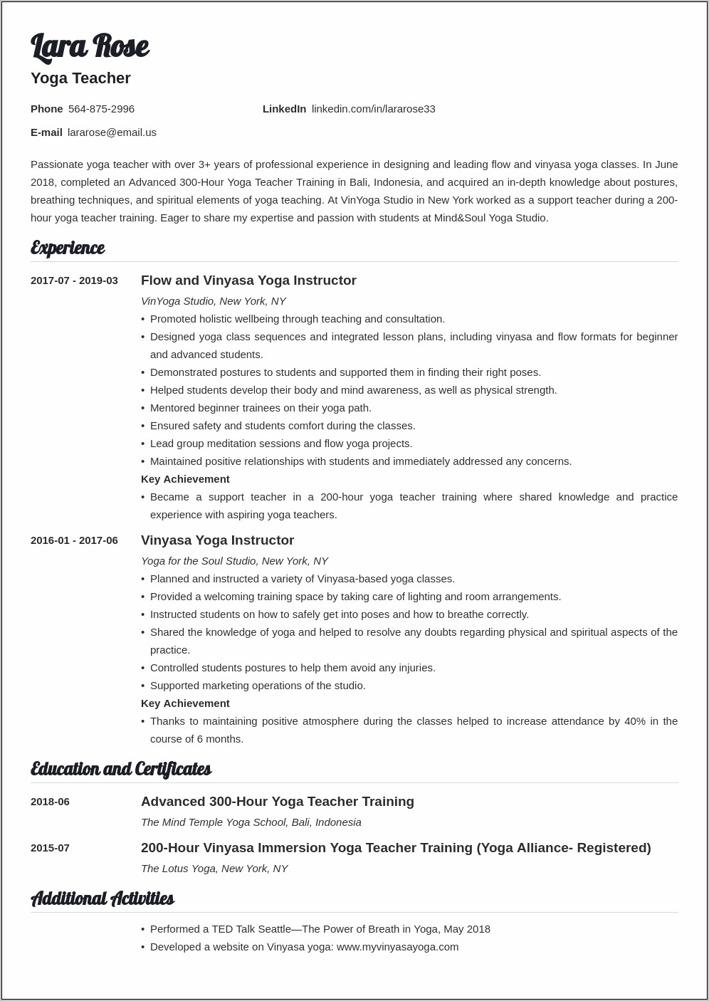 Resume Objective For Yoga Studio