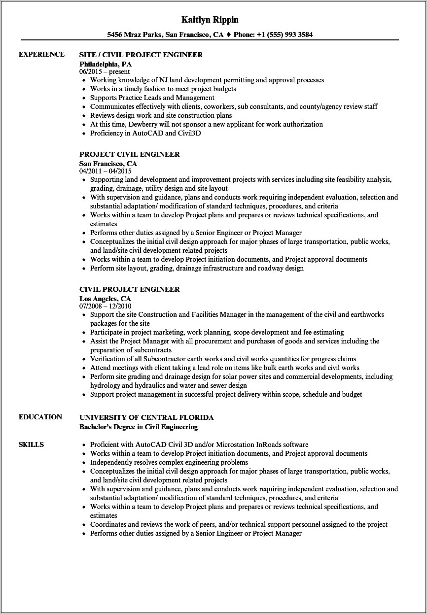 Resume Objective Lines For Civil Engineer