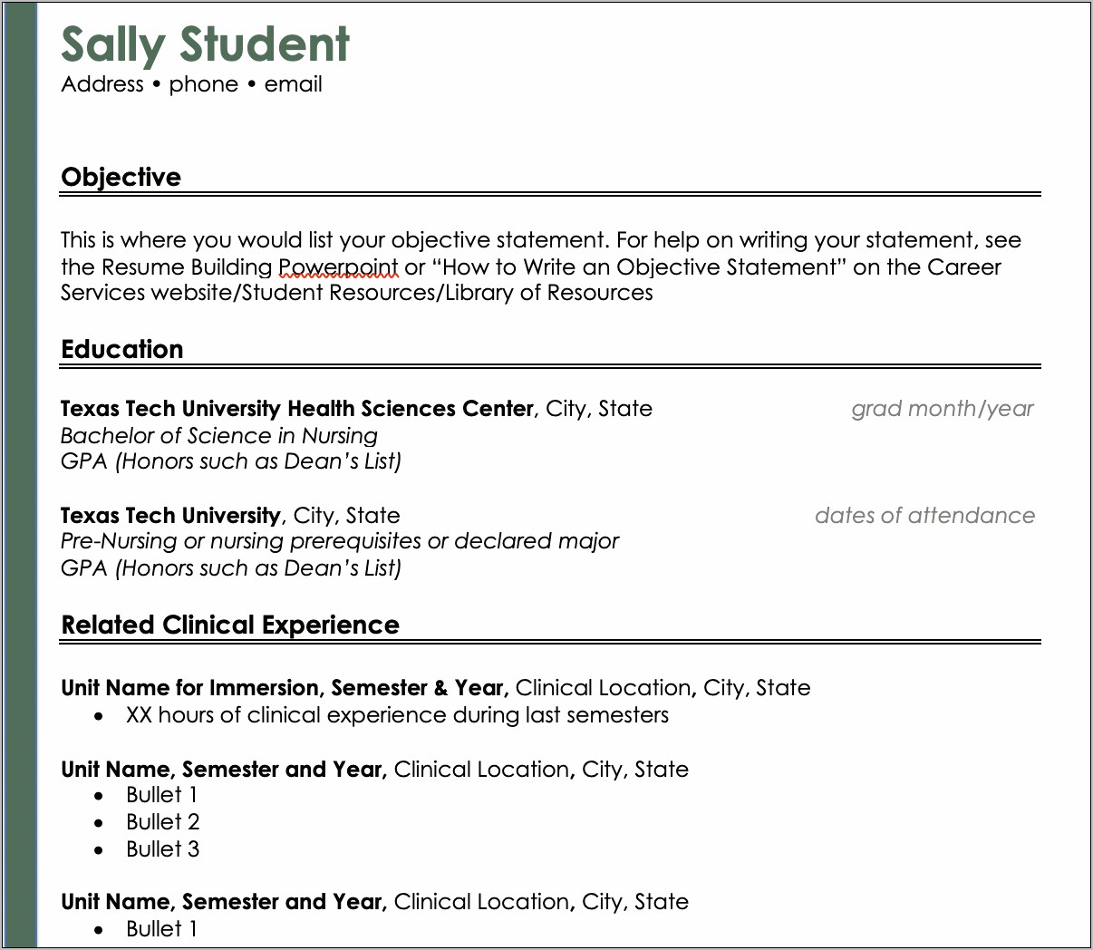 Resume Objective Of A Pre Nursing Student