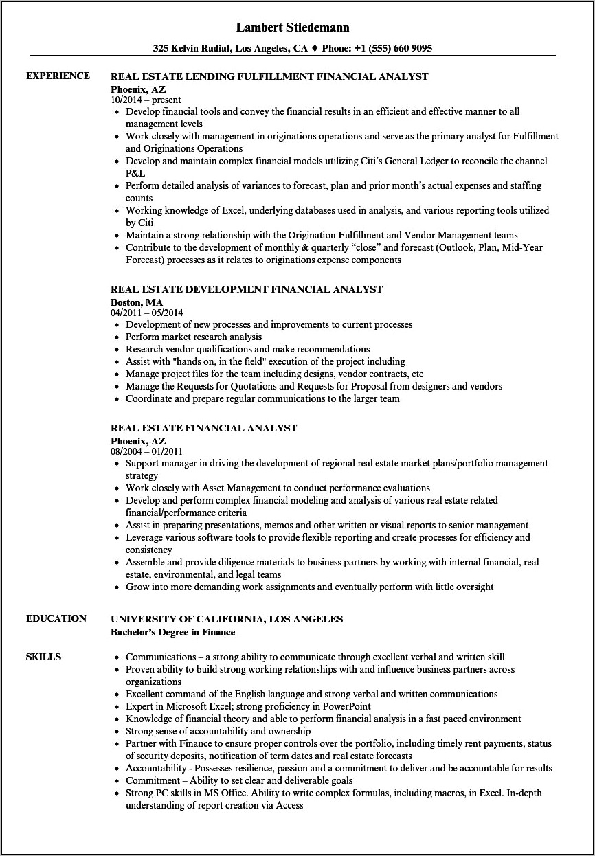 Resume Objective Real Estate Analyst