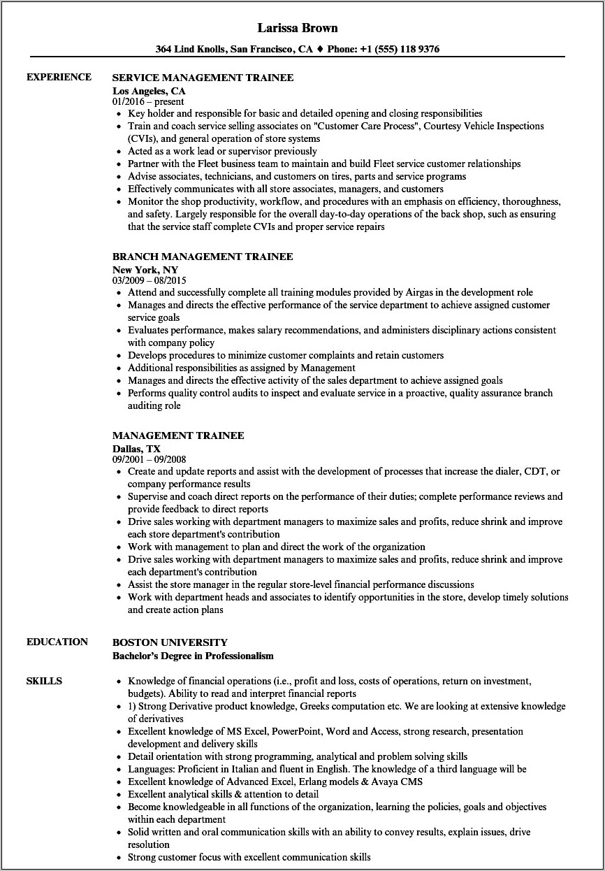 Resume Objective Sample For Management Trainee