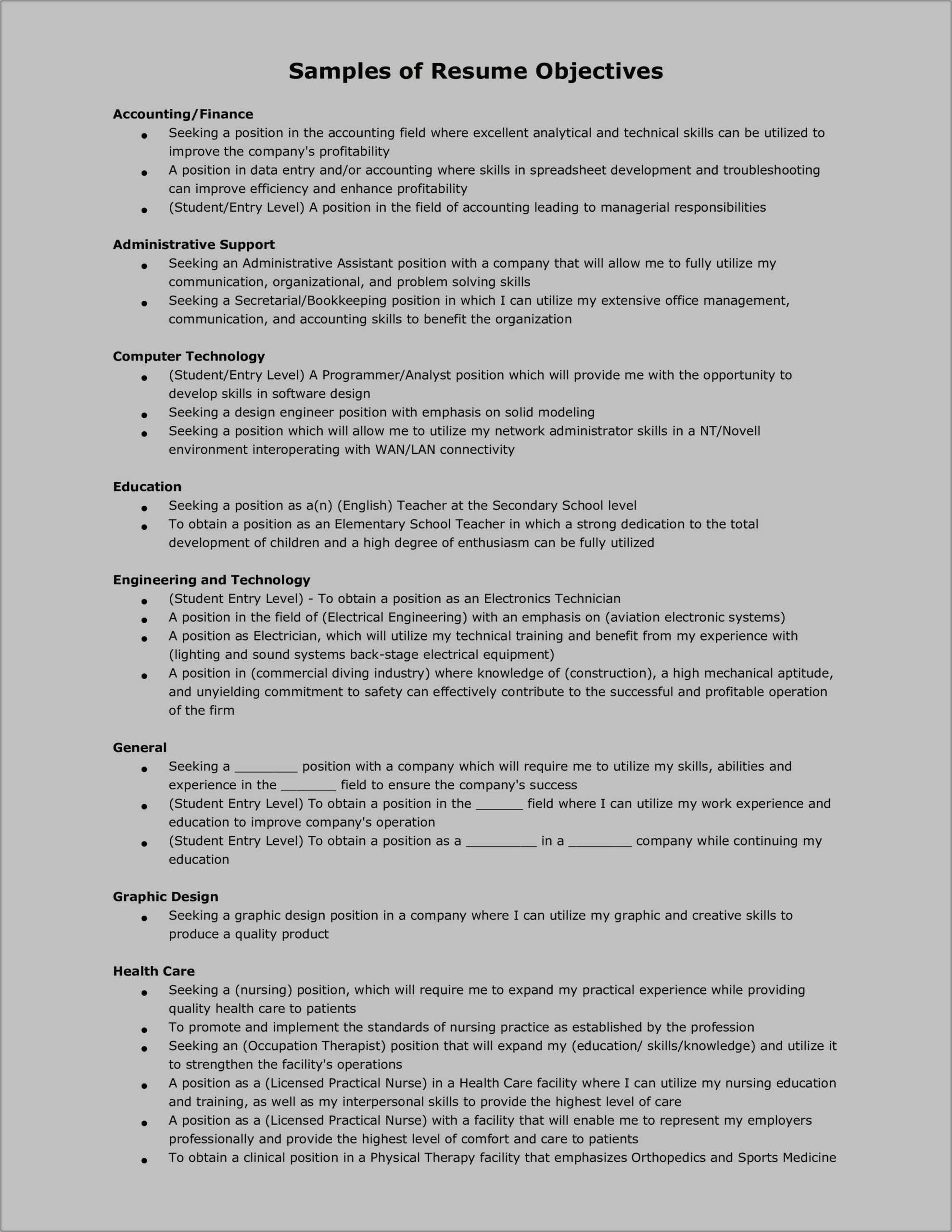 Resume Objective Samples For Administrative Assistant