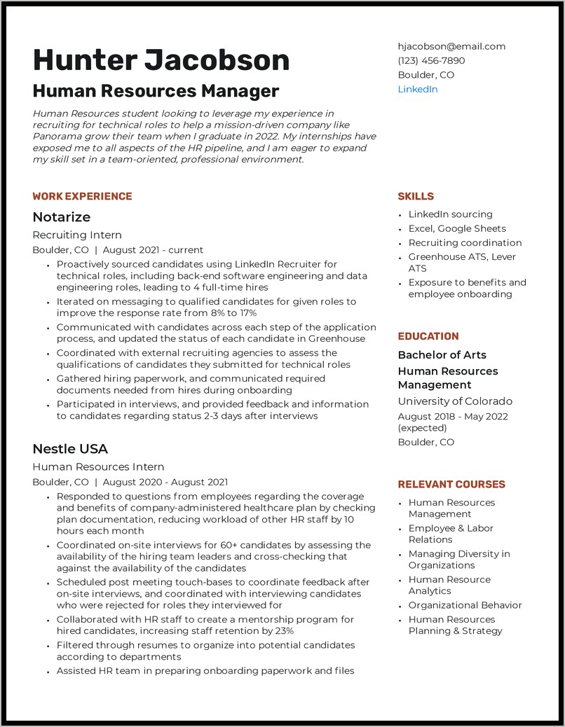 Resume Objective Section For Student Internship