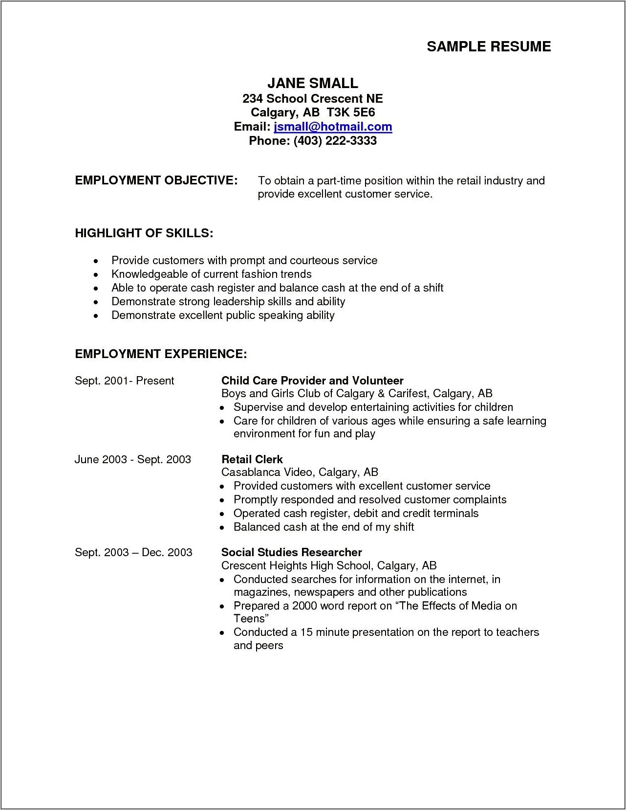 Resume Objective Seeking Part Time And Fulltime