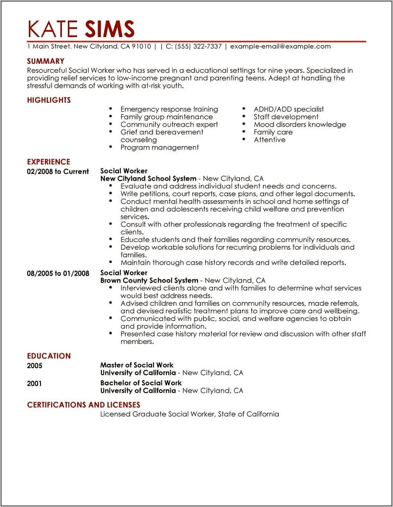 Resume Objective Social Work Example