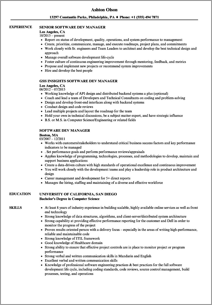 Resume Objective Software Development Manager