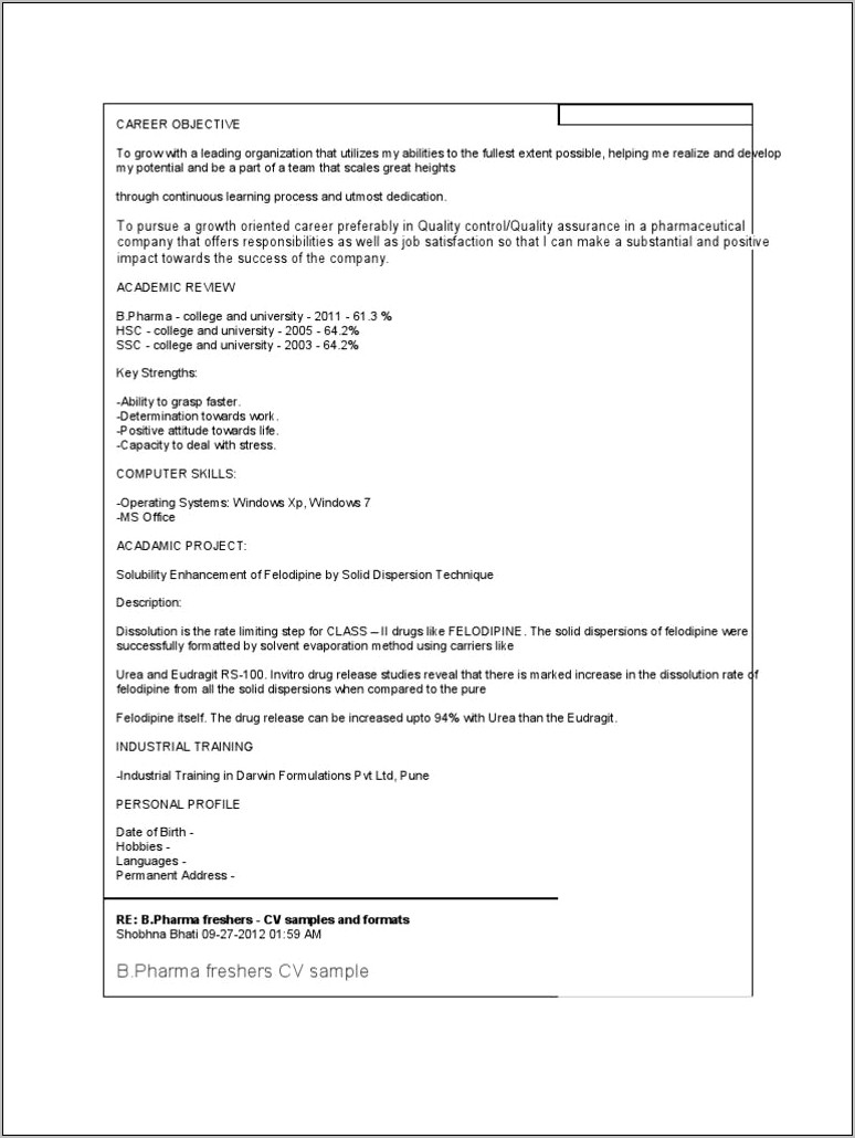 Resume Objective Statement Examples For Freshers