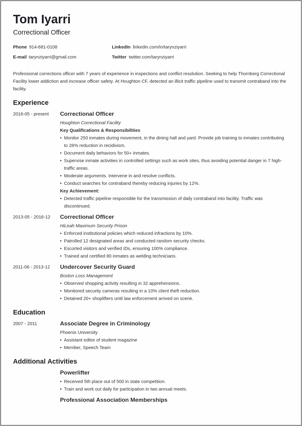 Resume Objective Statement For Correctional Officer