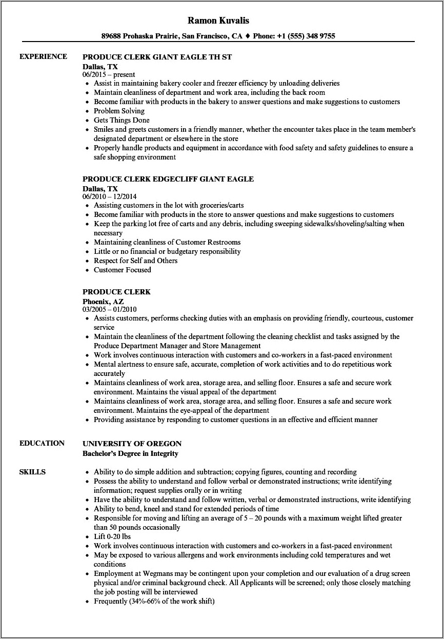 Resume Objective Statement For Grocery Store