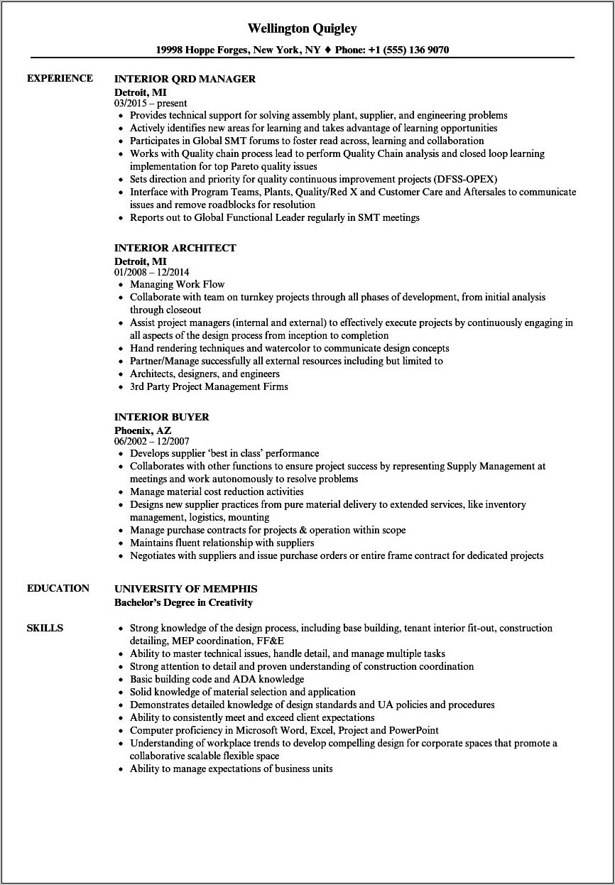 Resume Objective Statement For Interior Design Project Manager