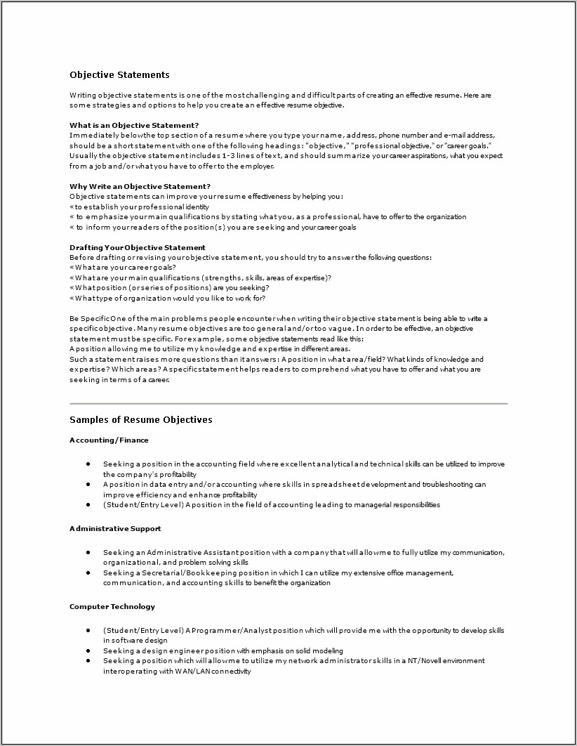 Resume Objective Statement For Management Position