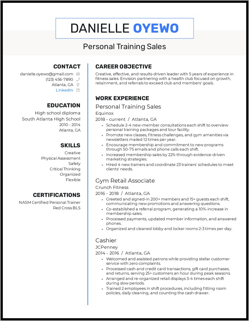 Resume Objective Statement For Personal Trainer