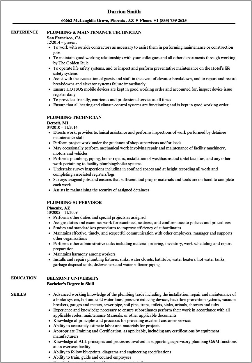 Resume Objective Statement For Plumbing Inspection