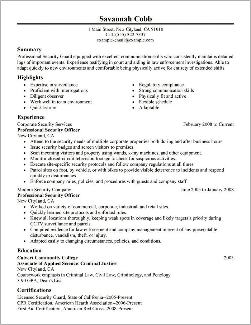 Resume Objective Statement For Security Guard