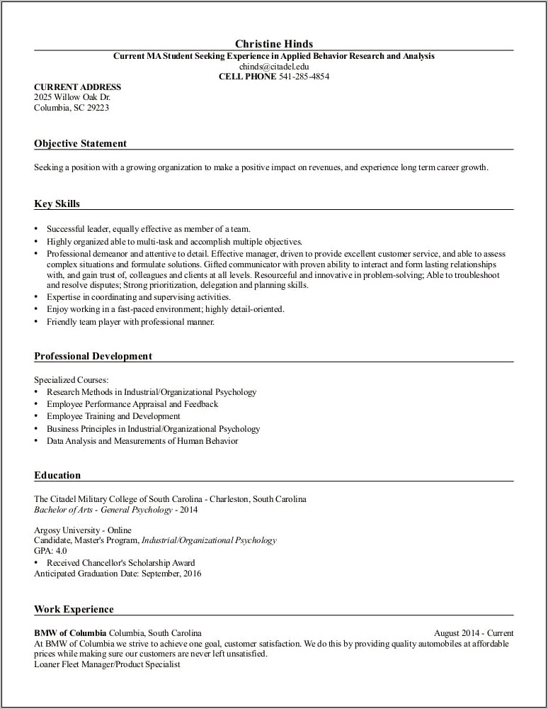 Resume Objective Statement Industrial Organizational Psychology