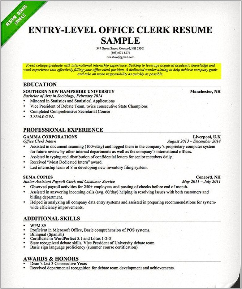 Resume Objective Statement Internship Experience