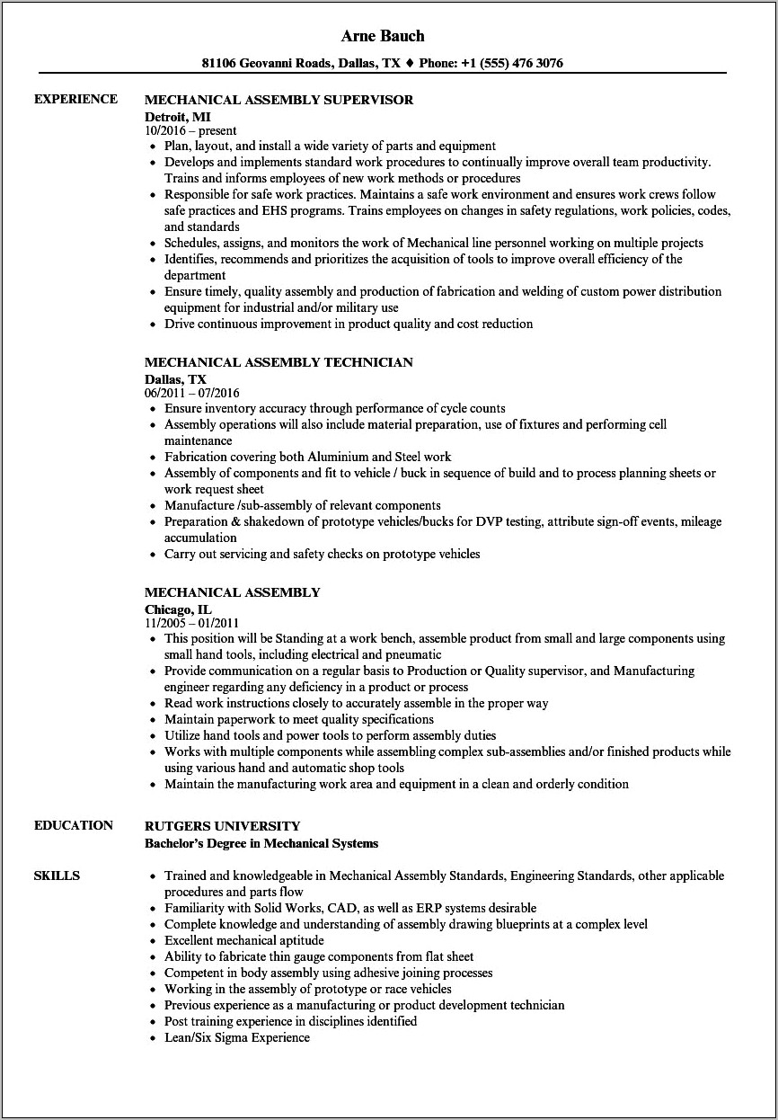 Resume Objective Statements For Mechanical Technician