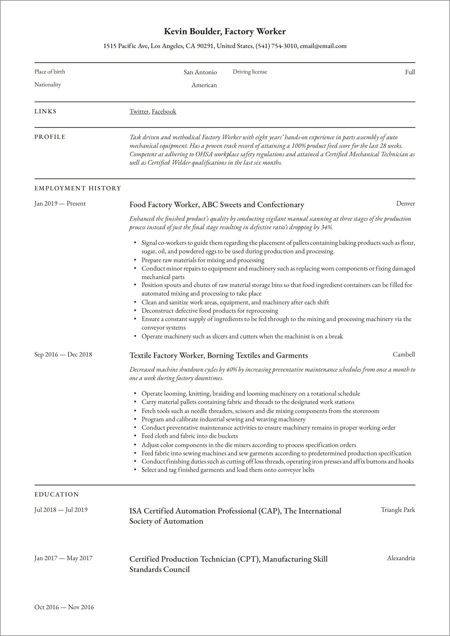 Resume Objectives Examples For Factory Worker