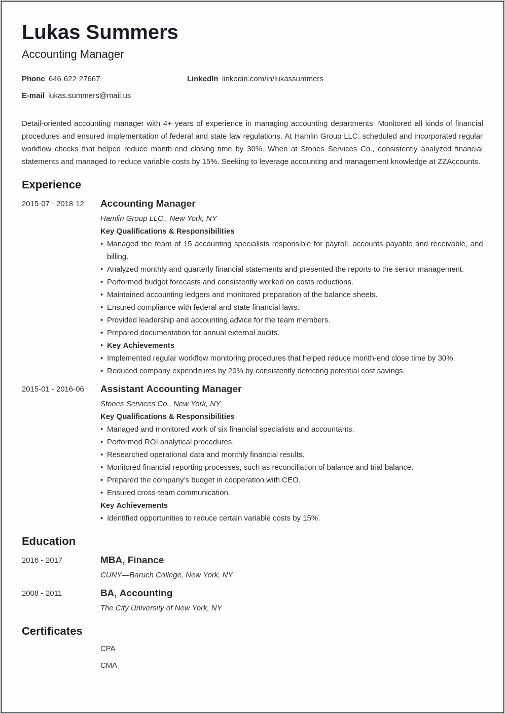 Resume Objectives For Accounting Manager