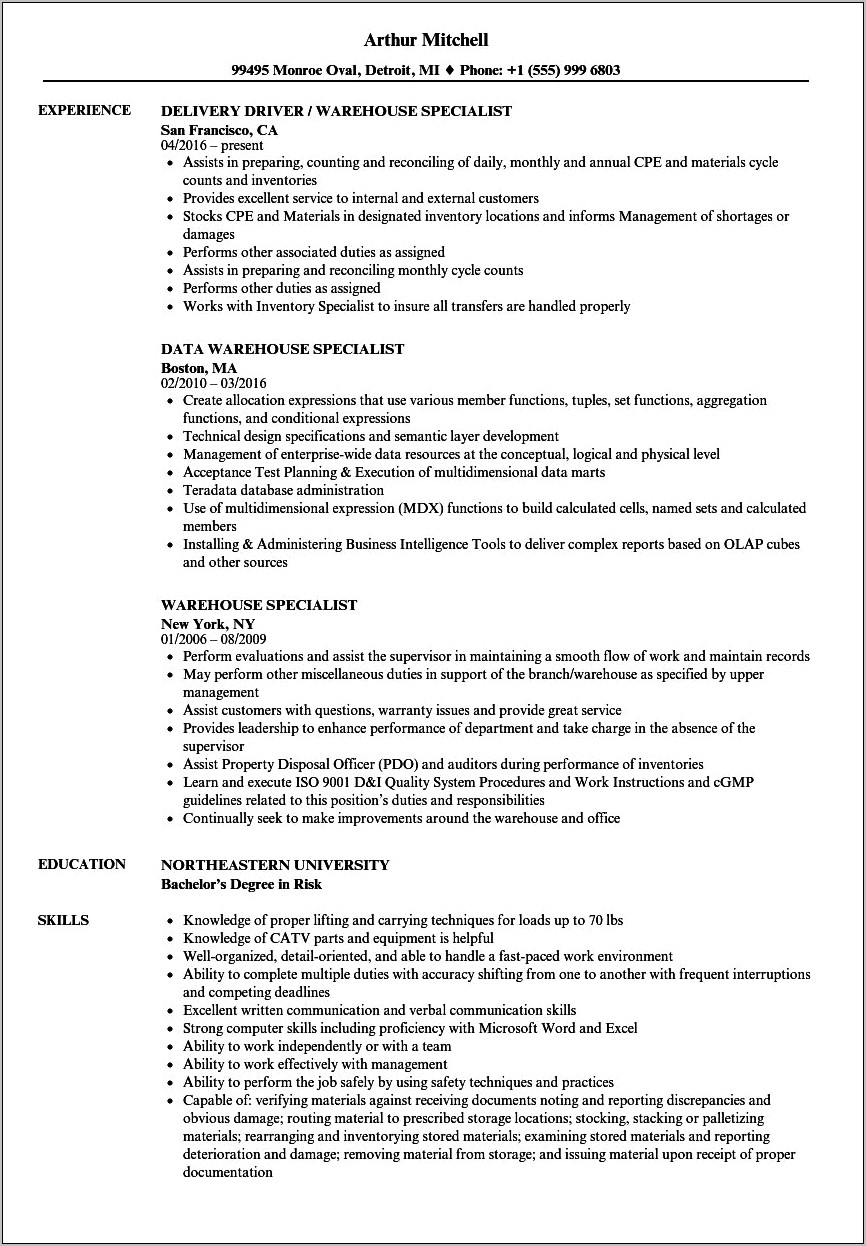 Resume Objectives For Entry Level Warehouse Positions