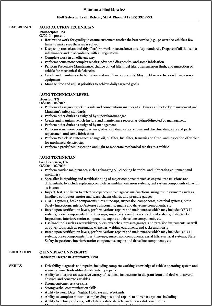 Resume Objectives For Entry Levle Automotive Technicians