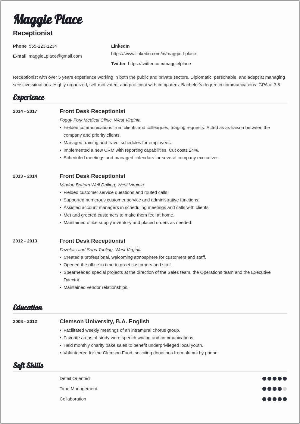 Resume Objectives For Front Desk Receptionist