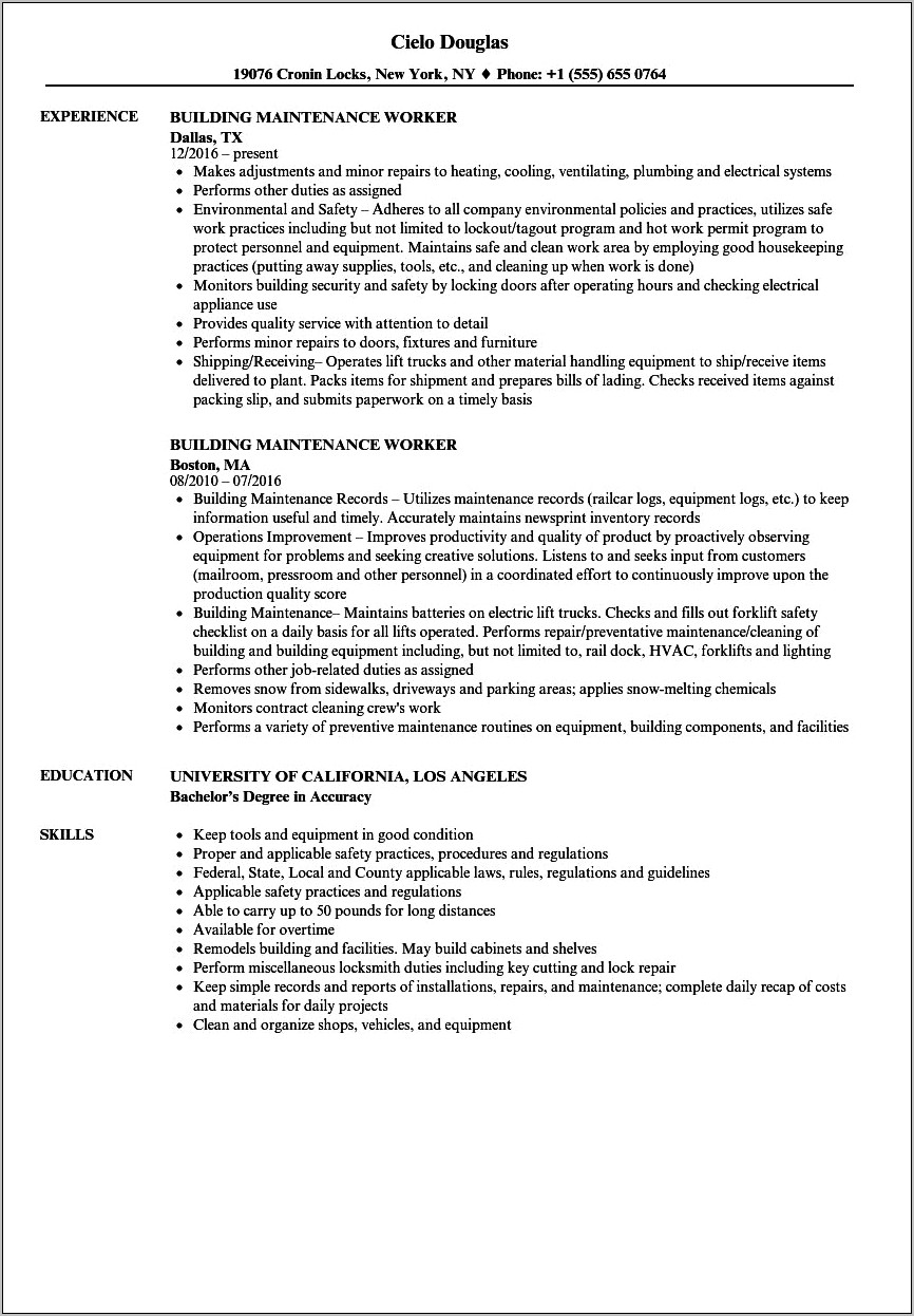 Resume Objectives For Property Maintance Work