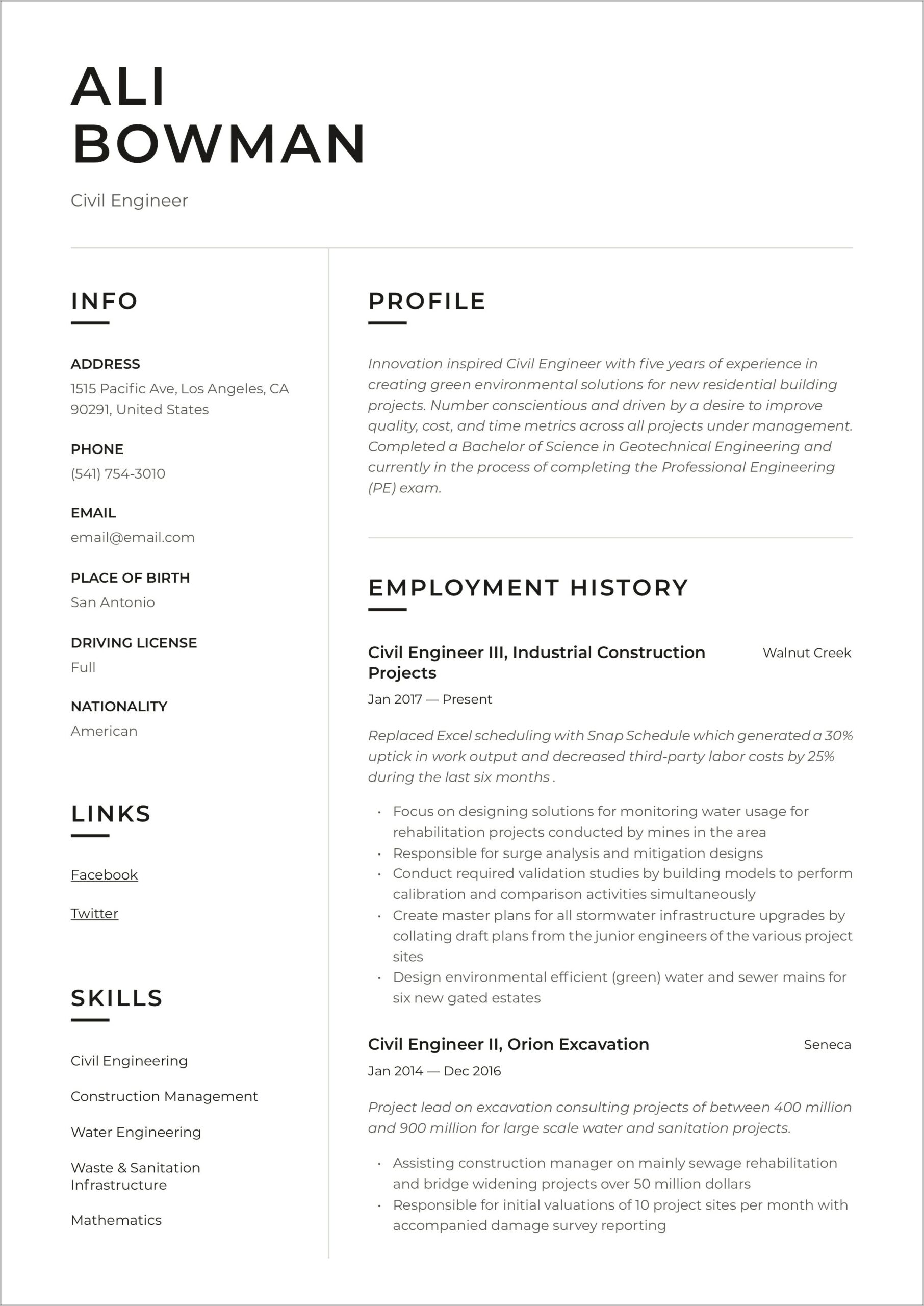 Resume Of A Civil Engineer Example