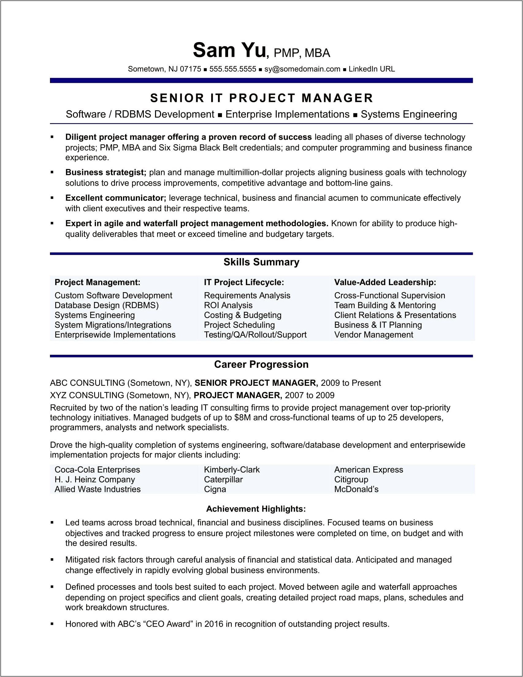 Resume Of A Project Manager And Senior Engineer