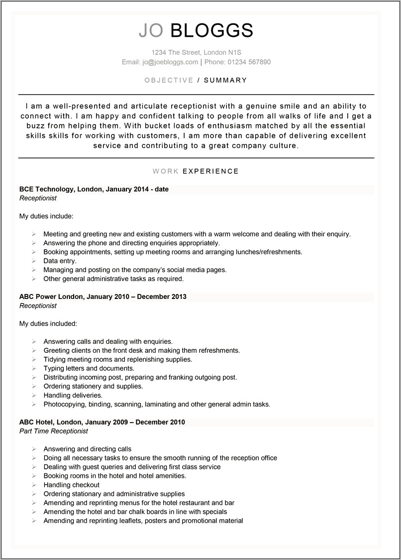 Resume Of A Receptionist For A School Sample