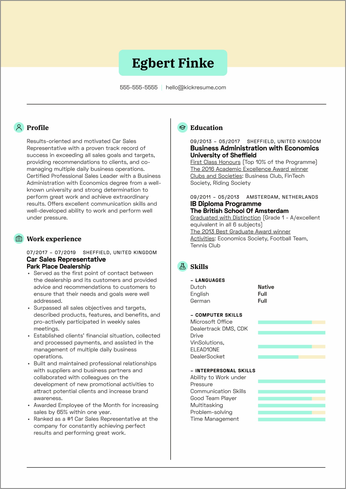 Resume Of A Salesperson Example