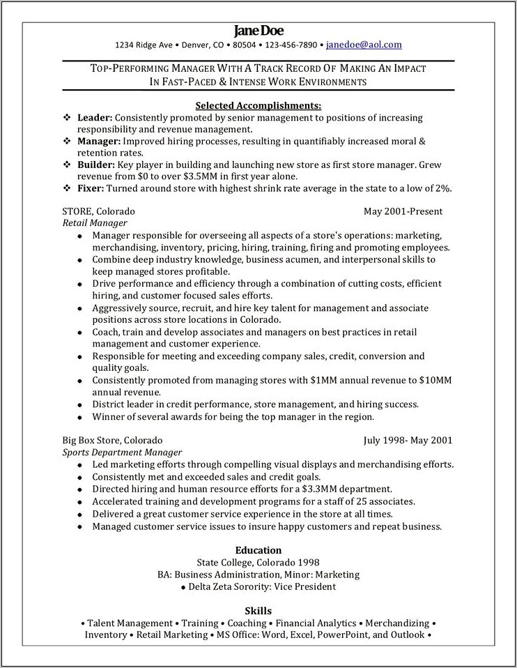 Resume Of Apparel Retail Store Manager