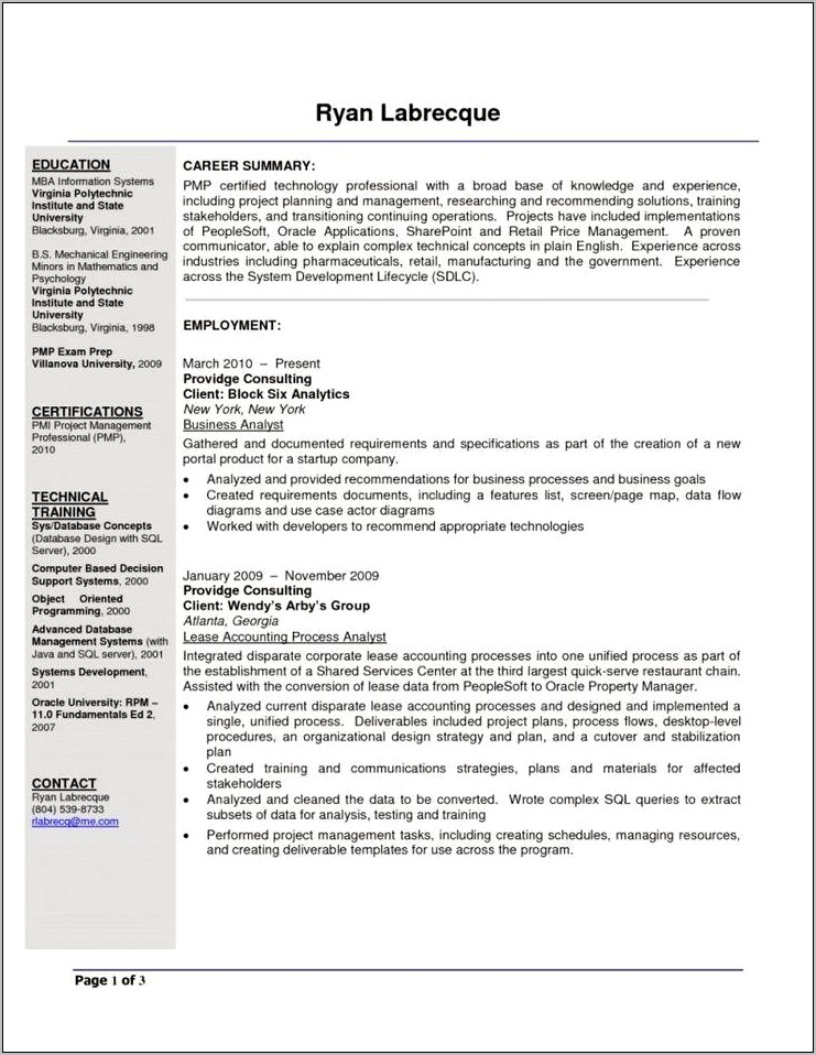 Resume Of Business Analyst And Project Manager Together