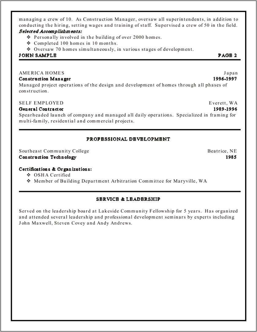 Resume Of Experienced Construction Manager