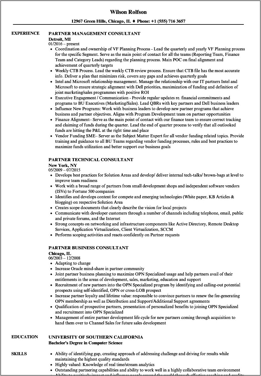 Resume Of Management Partner In Consulting Firms