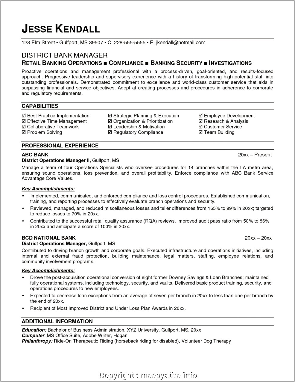 Resume Of Operations Manager In Banks