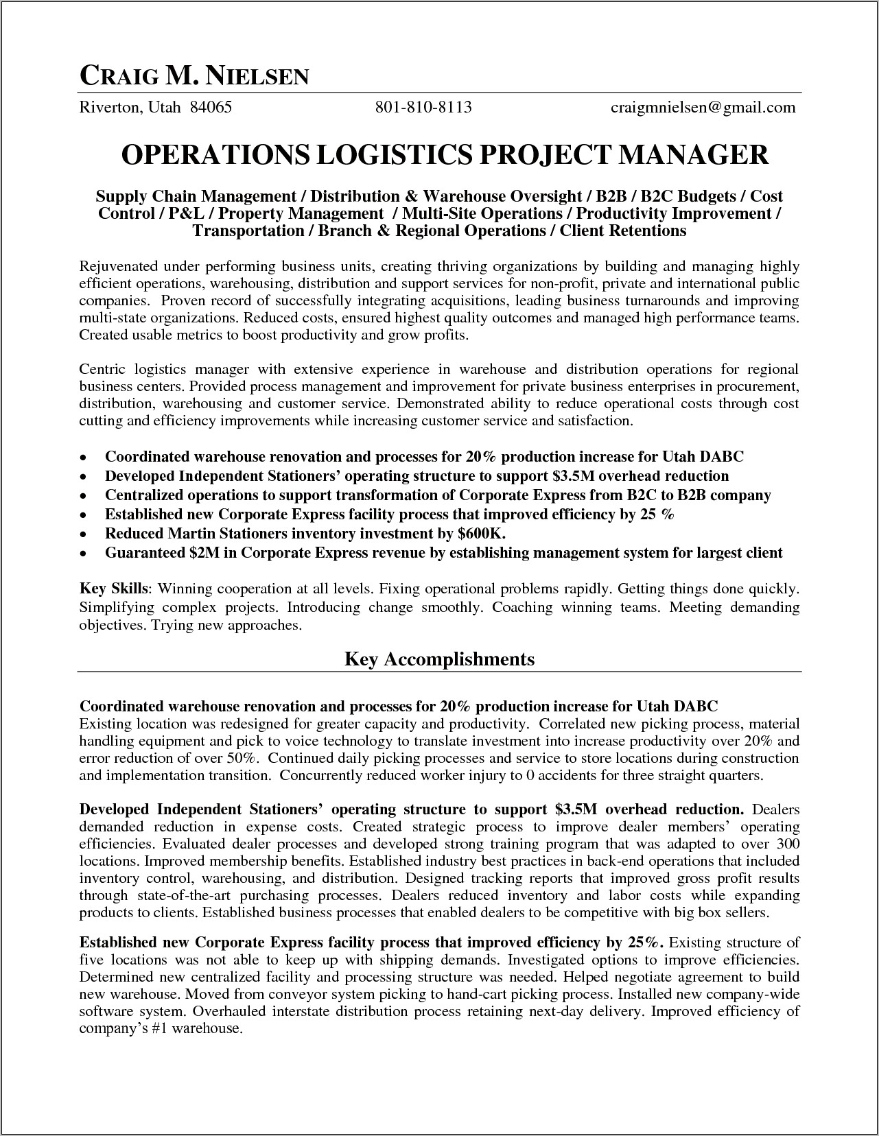 Resume Of Operations Manager In Logistics