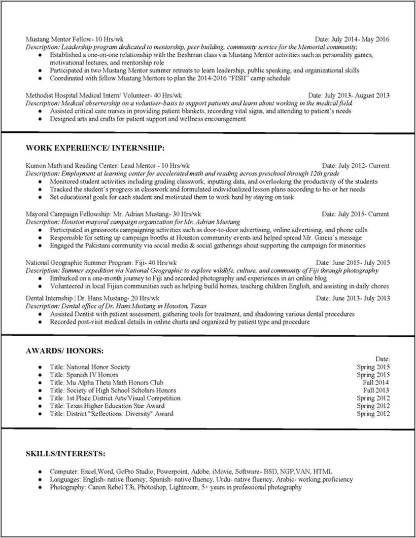 Resume Of School And Community Activities