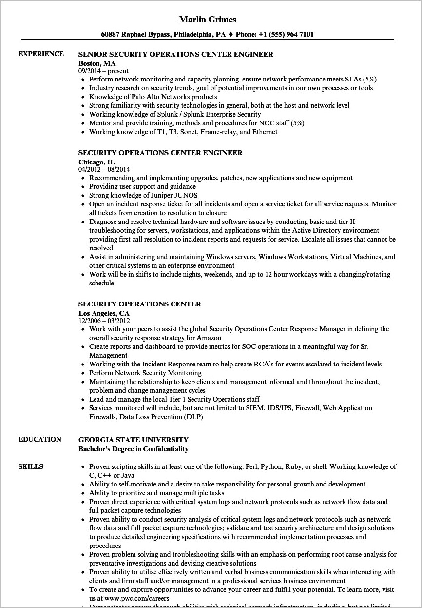 Resume Of Security Operations Manager